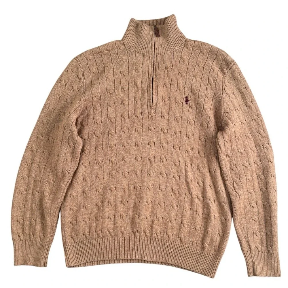 Polo Ralph Lauren Beige Tan 100% Silk Cable Knit Quarter Zip Logo Sweater Size L